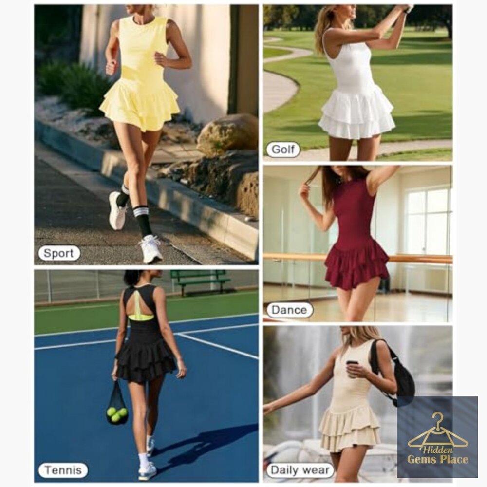 Slim Fit Tennis Dress with Built-in Shorts, Ruffle Pleats, Keyhole Back - Picture 6 of 6